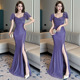 紫色性感连衣裙晚礼服带袖 主持人宴会端庄优美生日宴会聚会晚礼服