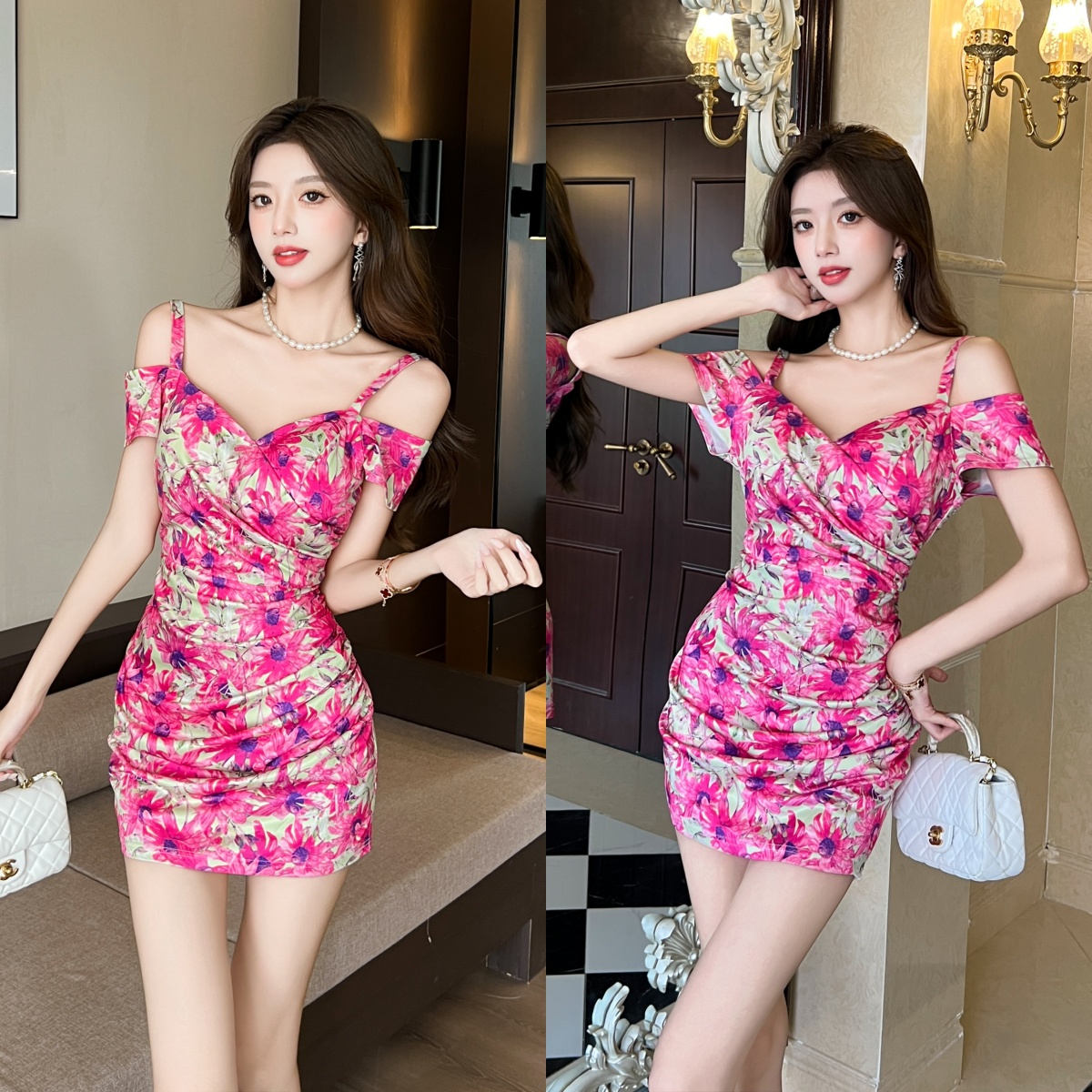 新夜场性感印花连衣裙足浴按摩spa技师服显瘦减龄包臀柔式工作服