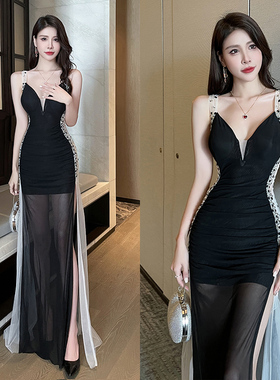 性感透视低胸夜总会礼服显瘦网纱夜场女装连衣裙KTV公主吊带长裙