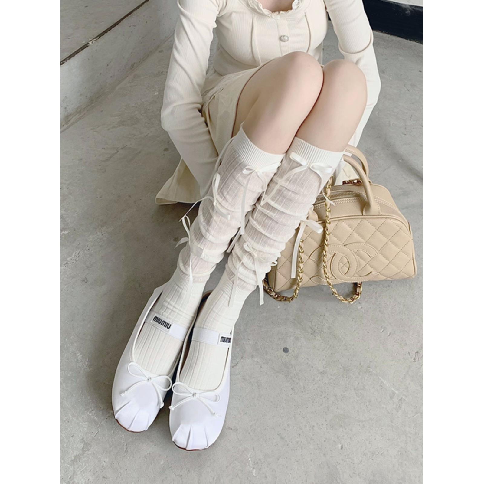 芭蕾风白色堆堆袜女夏季蝴蝶结绑带过膝长筒袜甜美jk中筒小腿袜子
