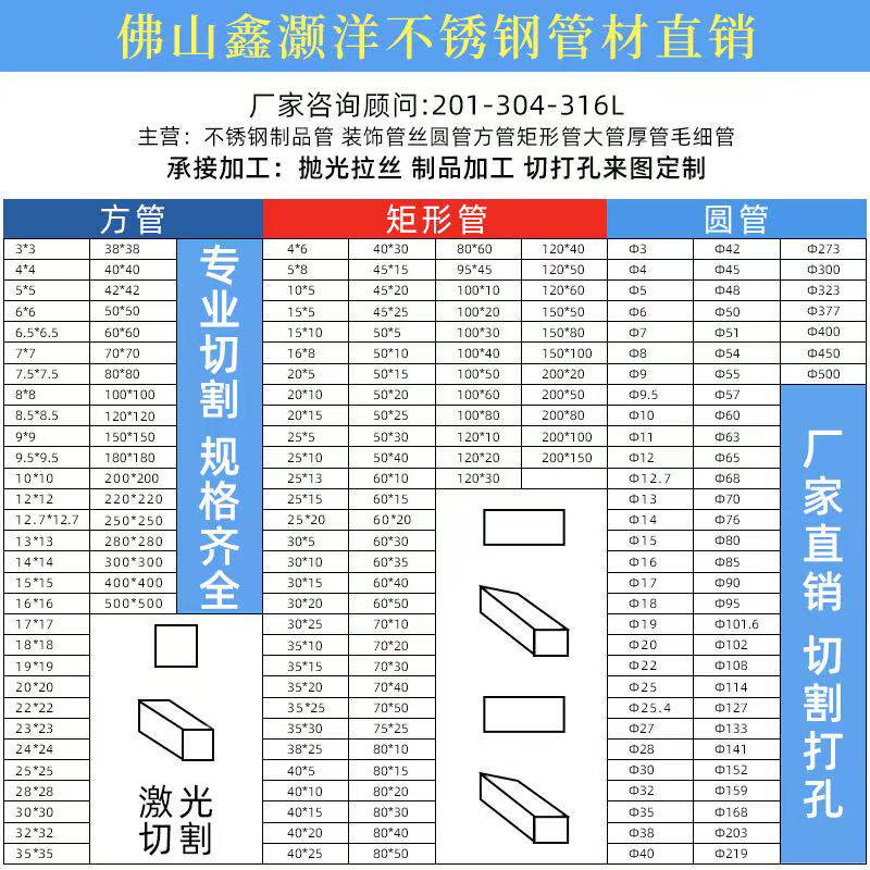 201/304 不锈钢方管圆管扁钢