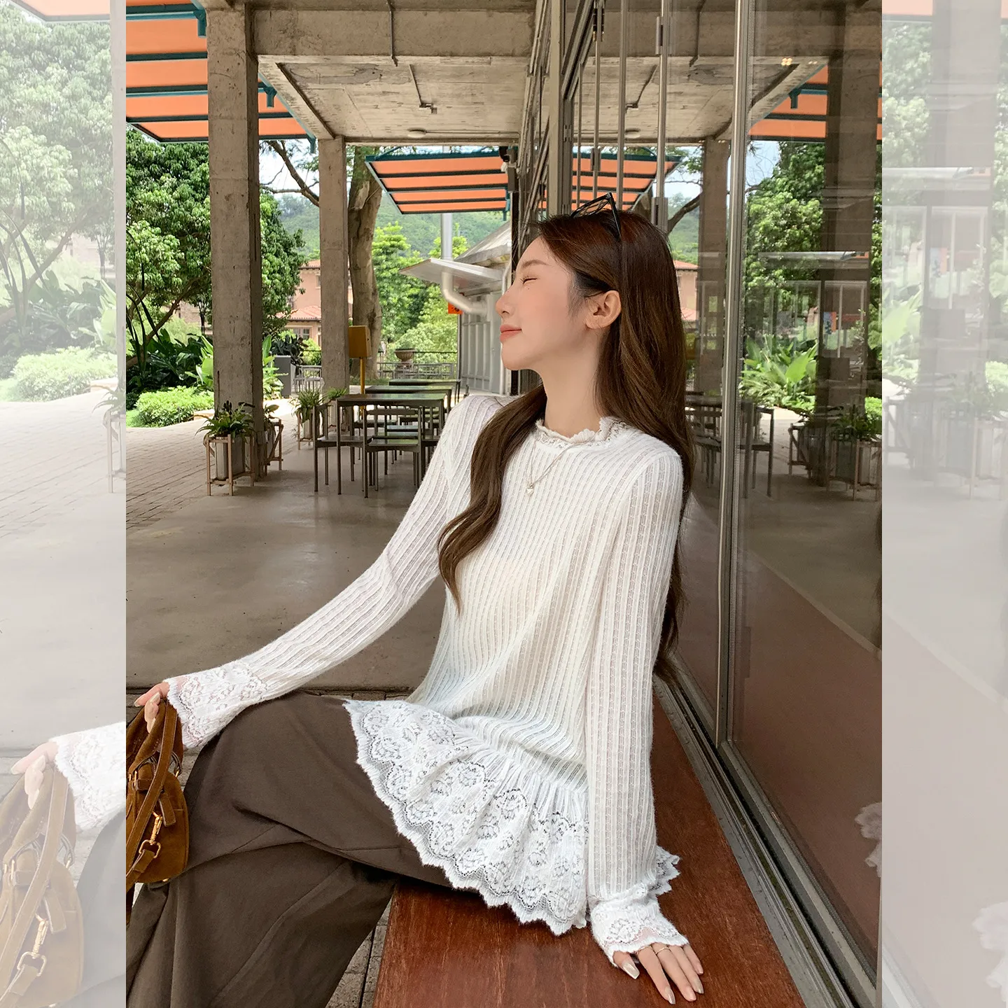 早秋穿搭气质网格修身显瘦长袖T恤拼接蕾丝下摆内搭打底衫上衣女