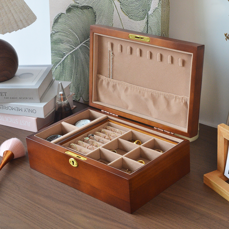 实木复古双层首饰盒戒指项链精致