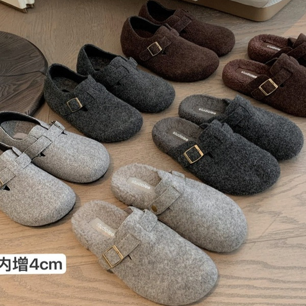 勃肯鞋保暖加绒内增高毛毛半拖外穿厚底勃肯女鞋秋冬款