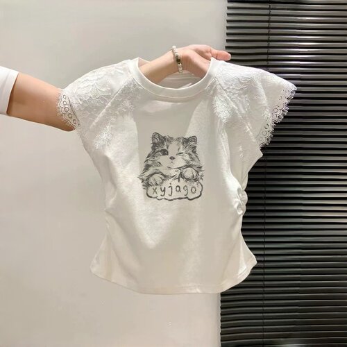 女童夏季法式蕾丝显瘦短袖T恤