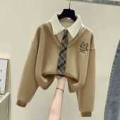 女童春秋新款 上衣 学院风领带宽松polo领卫衣设计感撞色假两件薄款