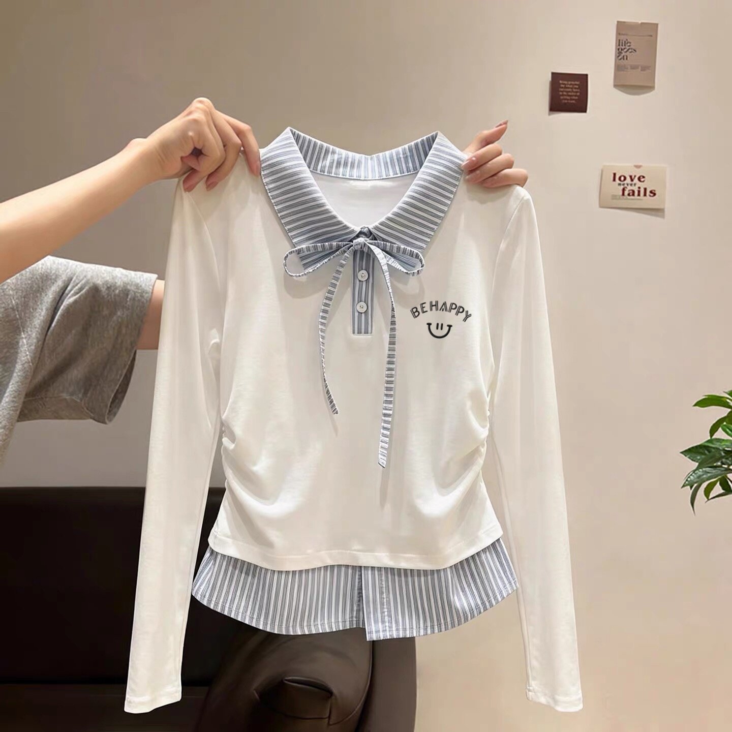女童秋季新款长袖T恤中大童学院风翻领细带蝴蝶结条纹假两件上衣