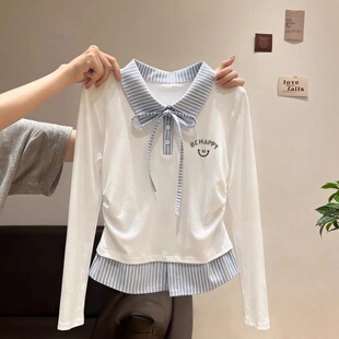 女童秋季新款长袖T恤中大童学院风翻领细带蝴蝶结条纹假两件上衣