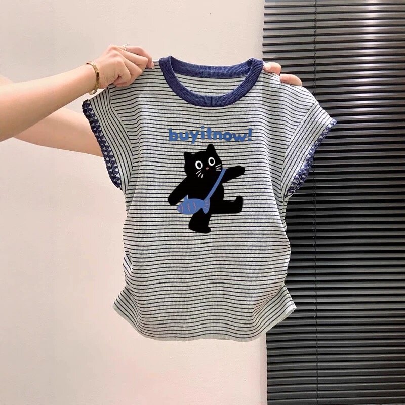 女童夏季卡通印花条纹短袖中大童T恤女新款圆领收腰显瘦百搭上衣