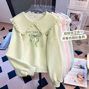 女童春季 衛衣女中大童甜美寬松顯瘦上衣 娃娃領蕾絲花邊學院風長袖