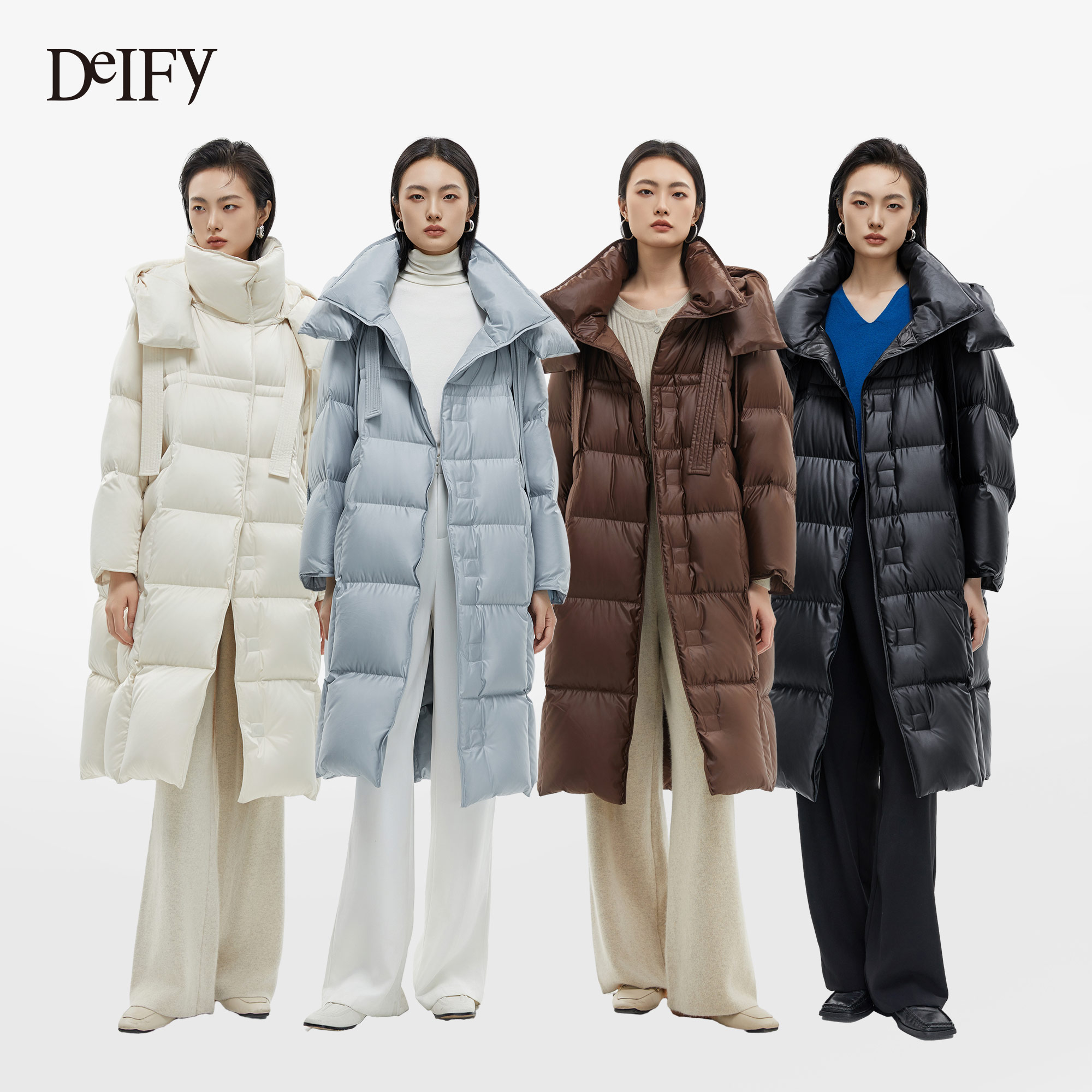 DeIFy/缔弗双飘带鹅绒服女过膝长款23冬款简约廓形绗缝羽绒服反季