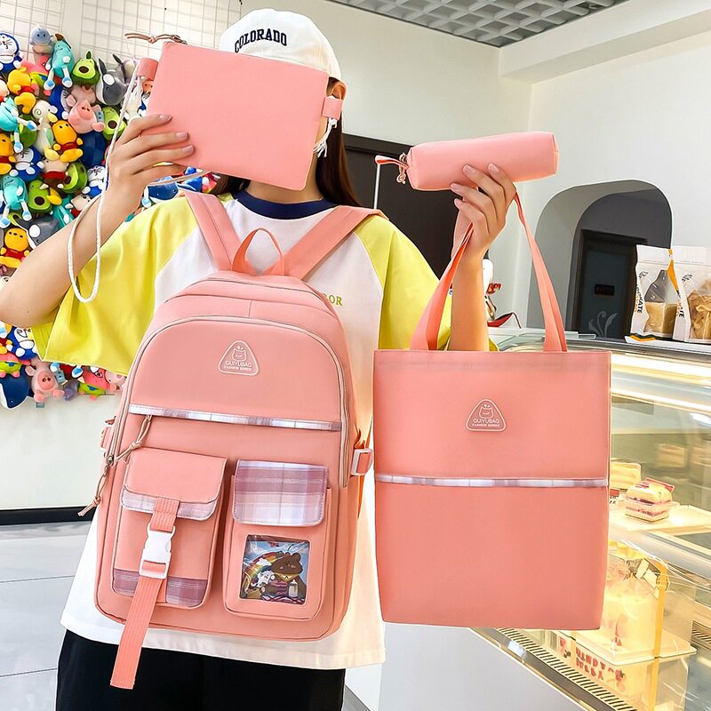 双肩包女学生书包大容量帆布背包格子条纹小清新补习作业袋手提