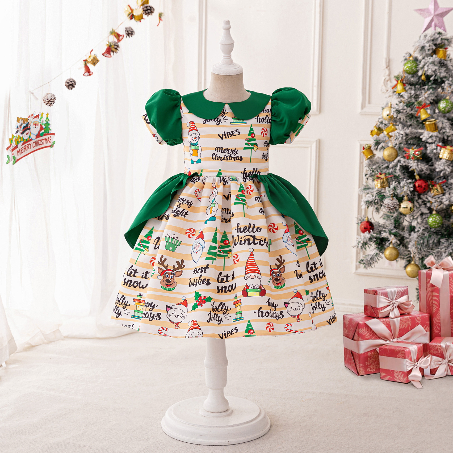 欧美圣诞童礼服印花缎布公主裙女童泡泡袖连衣裙演出服babydress
