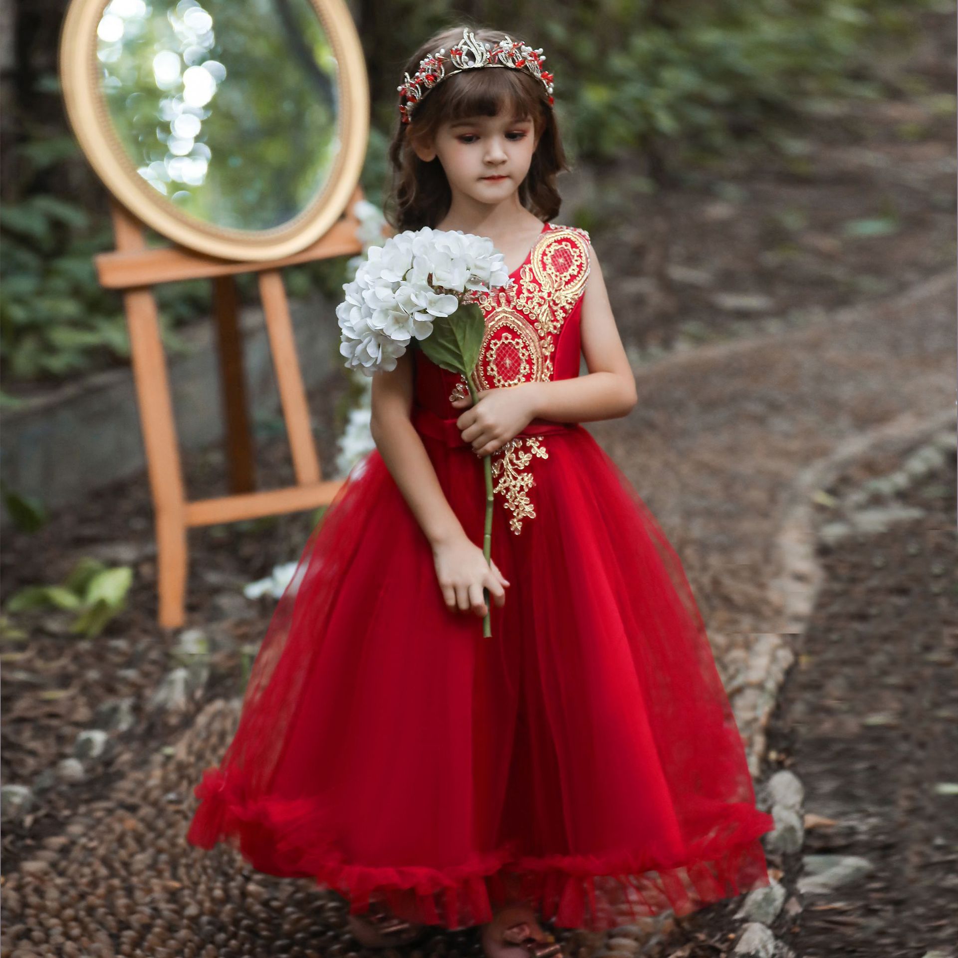 亚马逊2022新儿童礼服裙中大女童V领绣花拖地长裙演出走秀公主裙