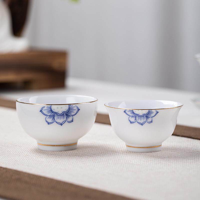 中式白瓷功夫茶具套装家用青花瓷茶壶描金薄胎泡杯整套盖碗茶