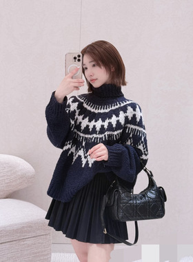 2025年春季新款复古撞色提花针织衫长袖女软糯慵懒风