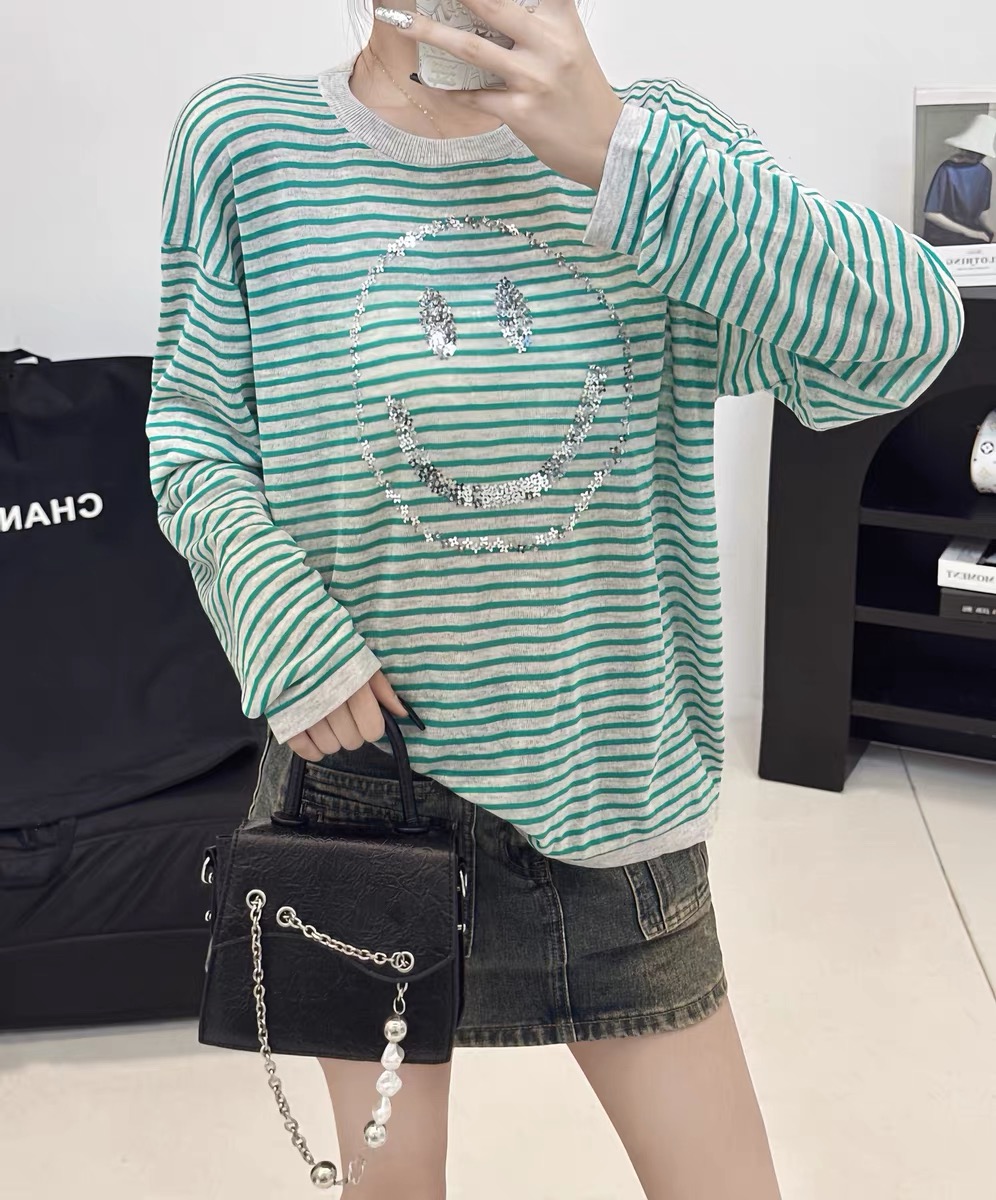 梵音高端小众设计感条纹长袖T恤女宽松显瘦百搭上衣百分百亚麻