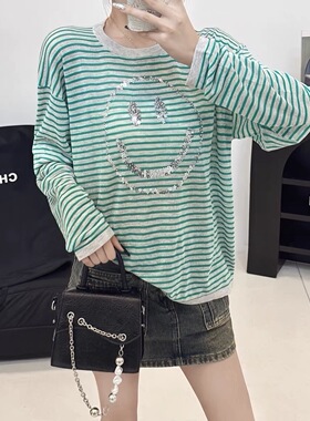 梵音高端小众设计感条纹长袖T恤女宽松显瘦百搭上衣百分百亚麻