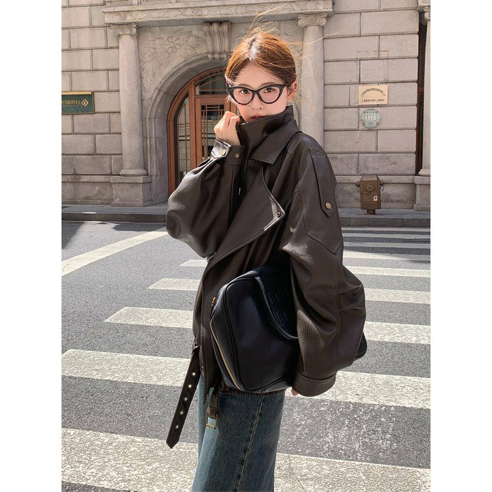 棕色皮衣外套女2025新款立领宽松bf慵懒风机车气质pu咖色皮夹克
