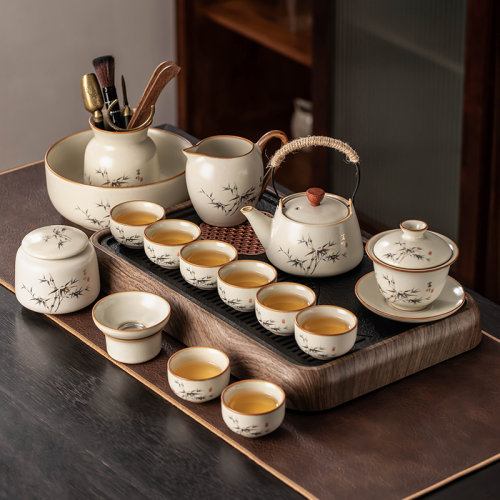 富竹汝窑功夫茶具套组家用轻奢高档陶瓷盖碗茶壶茶杯喝茶2025新款