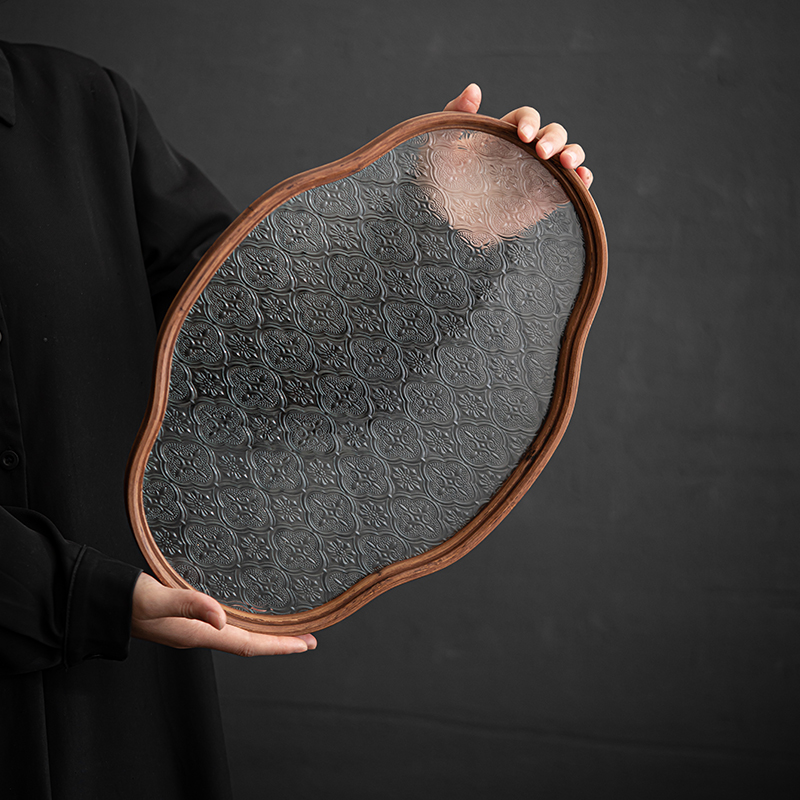 复古海棠花玻璃泡茶盘日式竹制小茶台水果茶点盘桌上收纳托盘茶奉