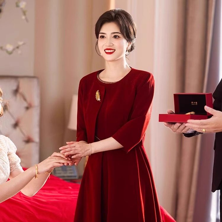 高端喜婆婆婚宴装两件套装洋气气质妈妈结婚礼服秋冬小个子连衣裙