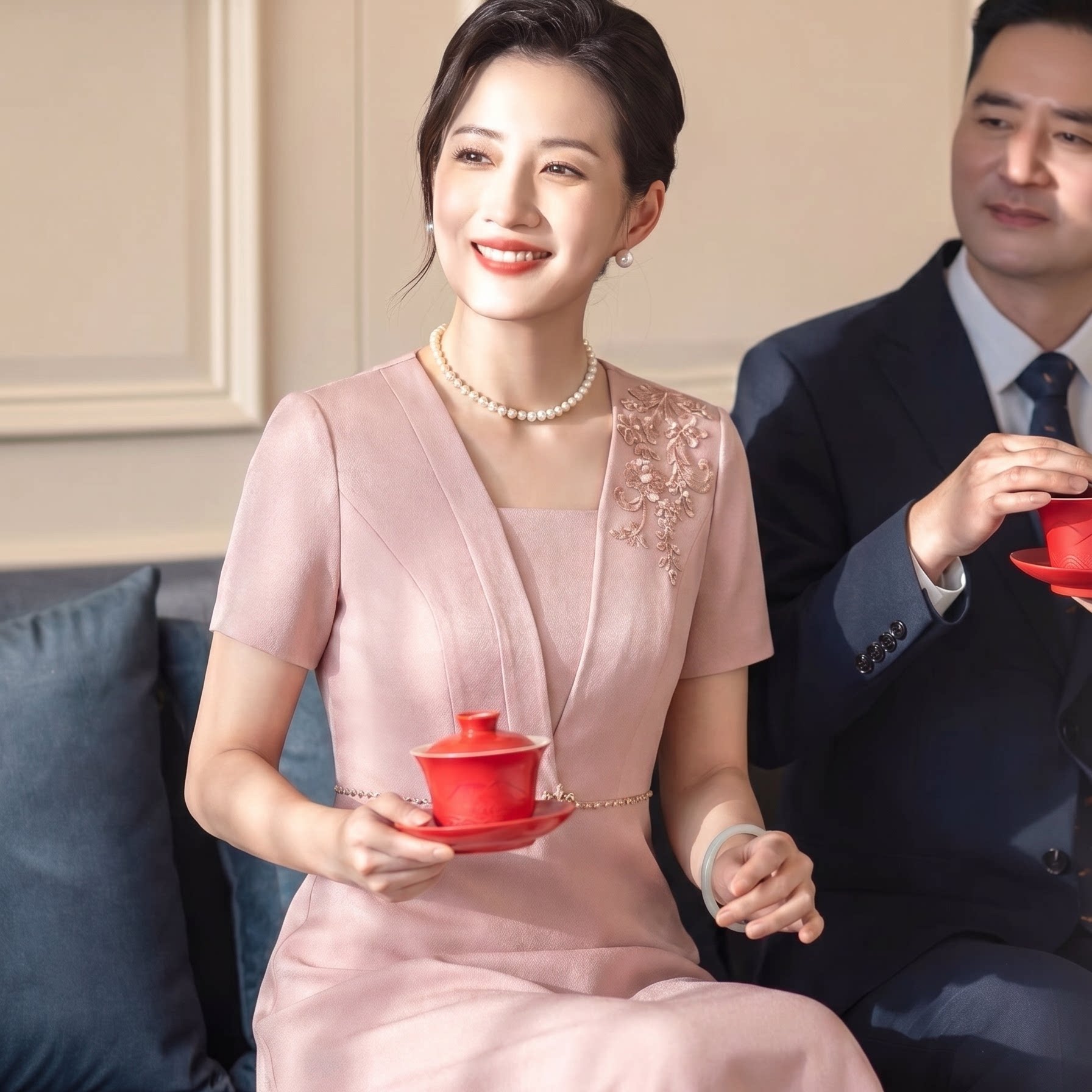 轻奢妈妈婚宴结婚连衣裙小个子可日常穿夏季女粉色新款喜婆婆礼服