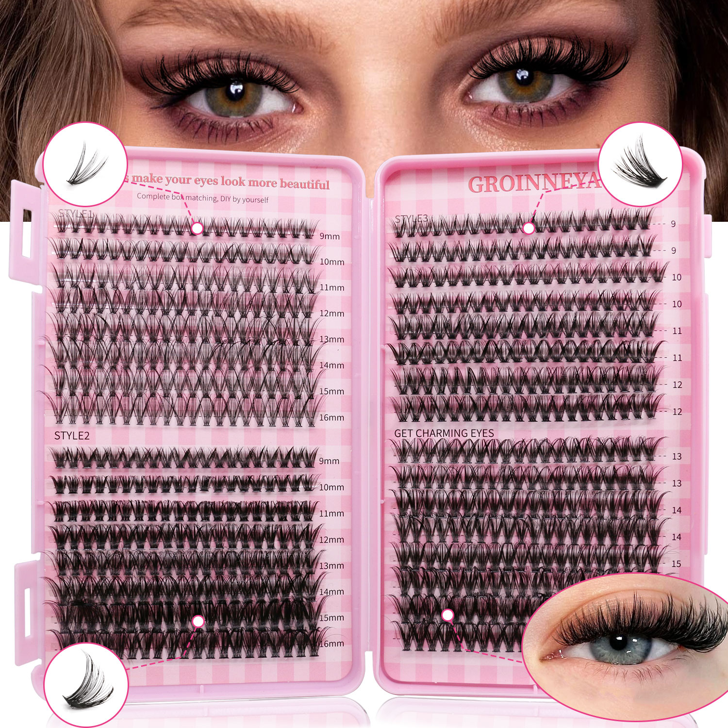 GROINNEYA混血亚裔款自嫁接大容量睫毛书浓密卷翘4种不同风格