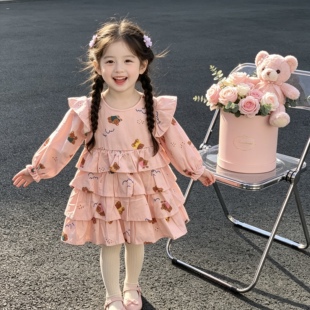 韩版童装小熊印花长袖女童连衣裙2026春秋款甜美荷叶边圆领公主裙