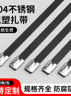 喷塑304不锈钢扎带4.8/8MM包塑船用扎带金属黑色防锈收紧器束线绑