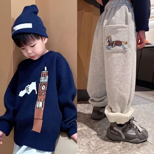 秋冬新款潮牌童装大笨钟儿童毛衣男童羊绒混纺套头针织衫保暖套装