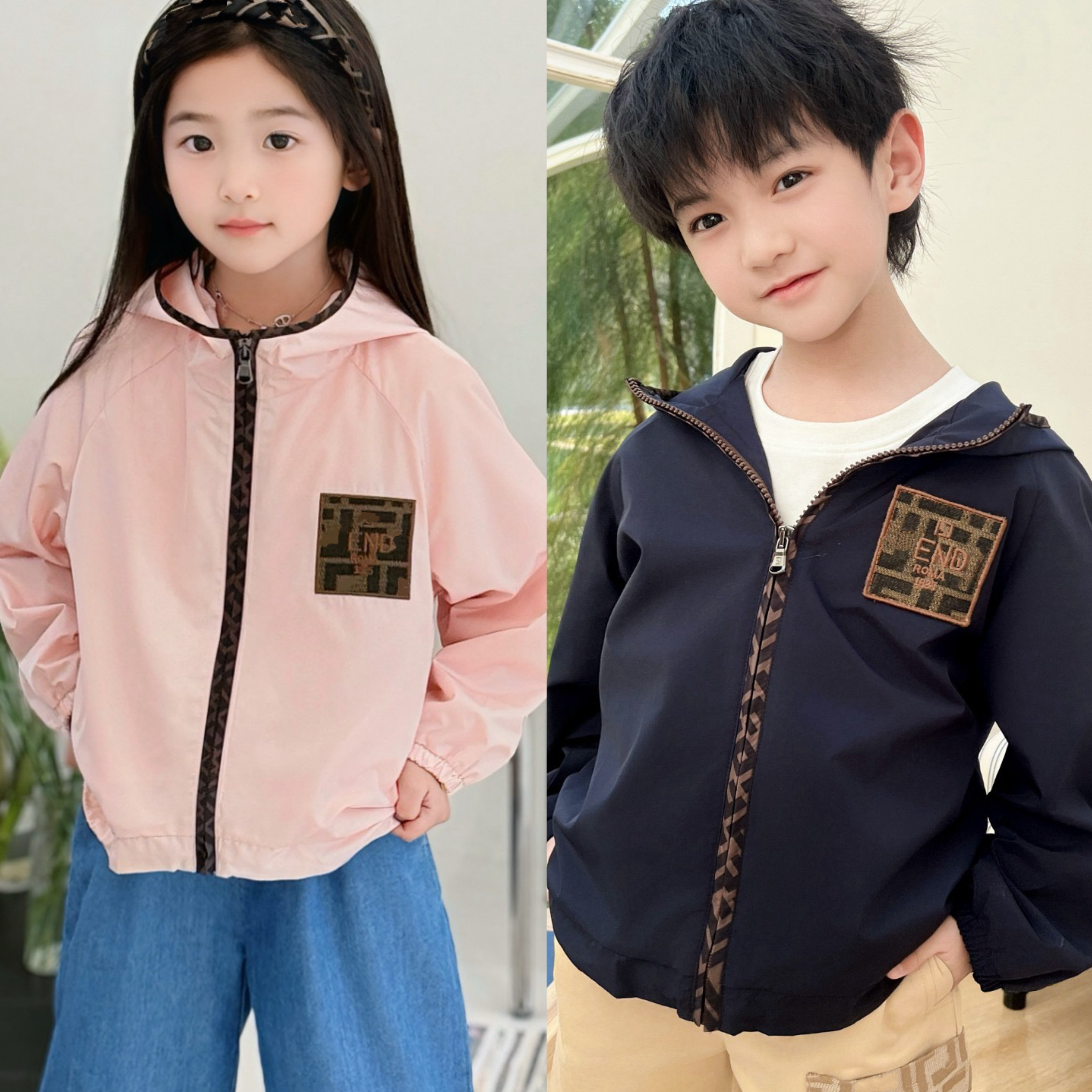 夏季新款潮牌童装Fjia老花字母连帽外套男女童休闲防风防晒夹克