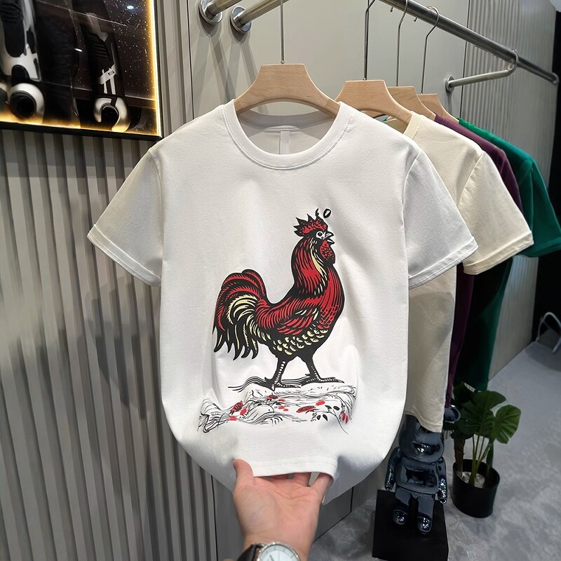 美式公鸡卡通趣味印花重磅短袖t