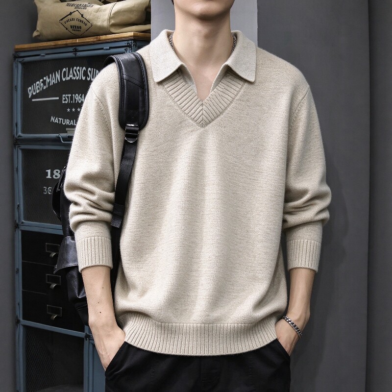 美式复古假两件v领翻领时尚百搭毛衣男款cleanfit高级针织衫上衣