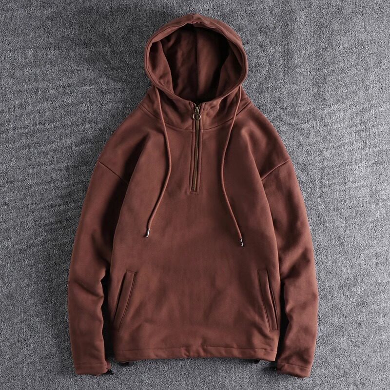 秋冬季加绒加厚连帽卫衣男欧美复古潮流纯色半开领套头连帽外套衣