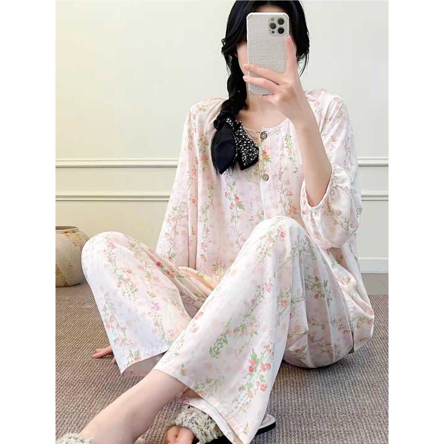 棉绸睡衣家居服开衫女秋季空调服