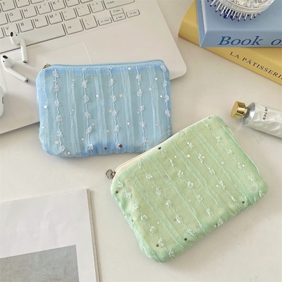 5675 亮片立体雪纺花朵零钱包杂物钥匙整理袋女生随身用品收纳袋