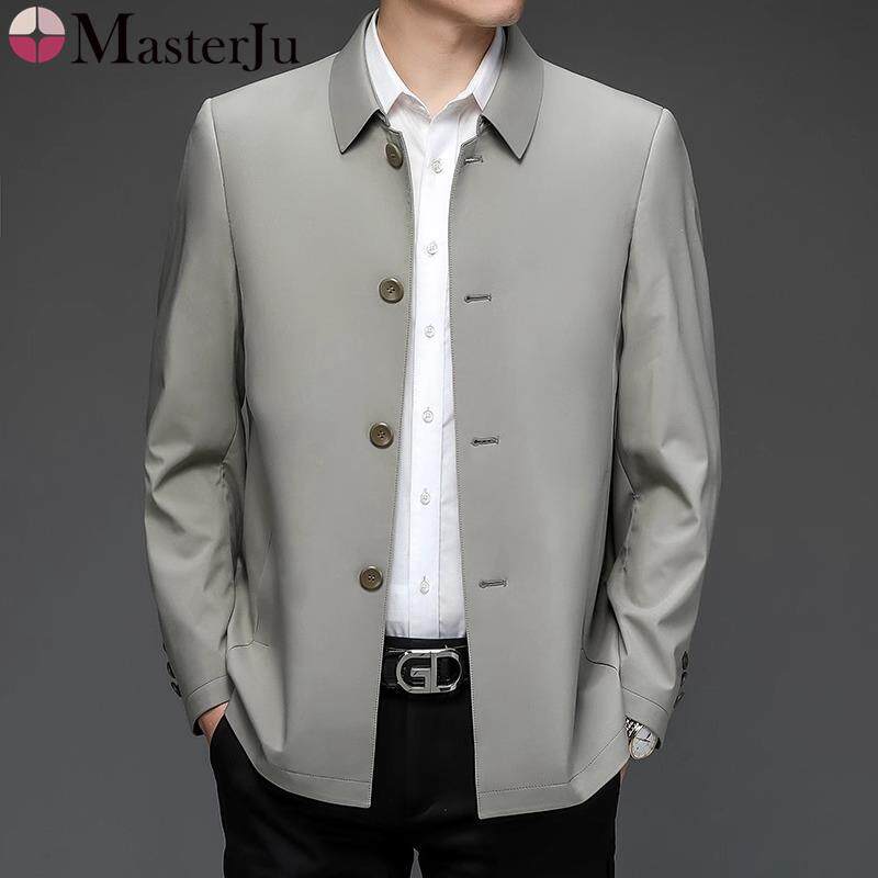 春秋高端桑蚕丝男士夹克中老年宽松薄款大码商务休闲翻领爸爸外套