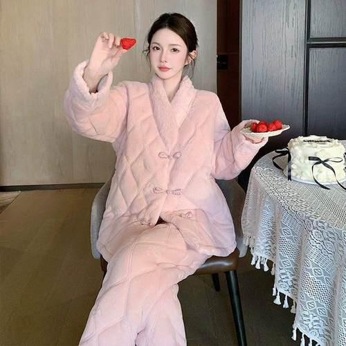 一抹粉黛！！Orange Sea！新中式国风翻领三层夹棉珊瑚绒睡衣女冬