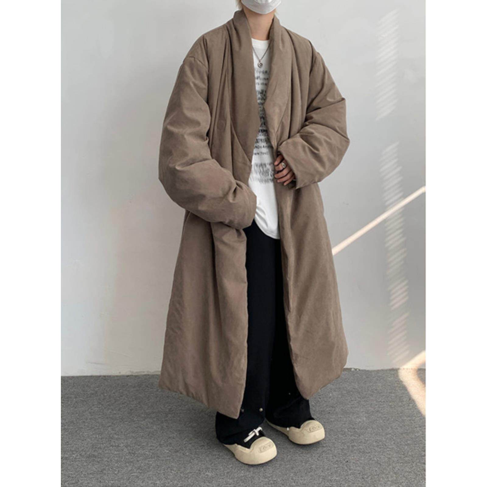 コーデロイの潮牌长款羽绒棉服男冬季绒面过膝长袍白鸭绒大码棉衣