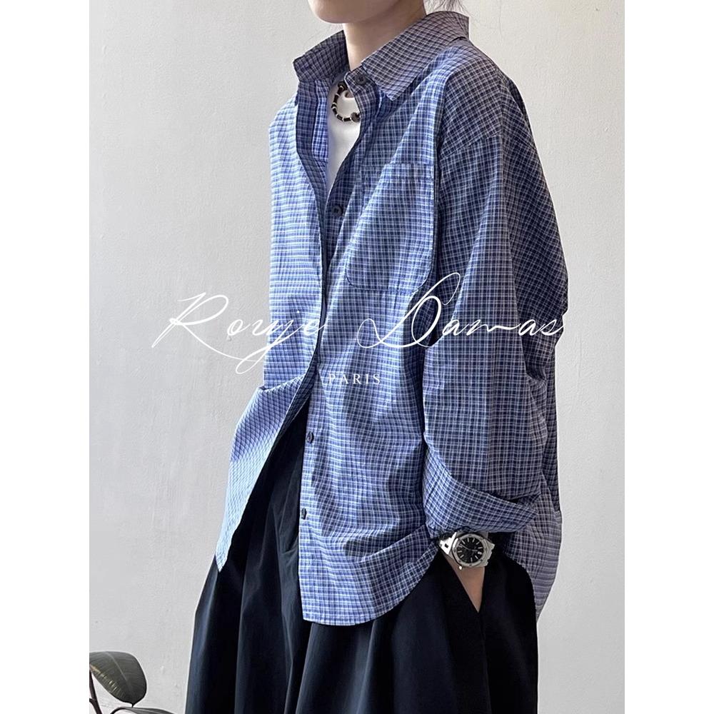 Rouje Damas慵懒风蓝色格子衬衫女宽松休闲高级感叠穿Polo领上衣