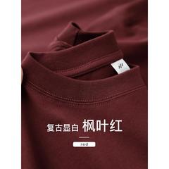 Vseazma覆古白枫叶红！300g重量级纯棉圆领男女酒红色多功能短袖t