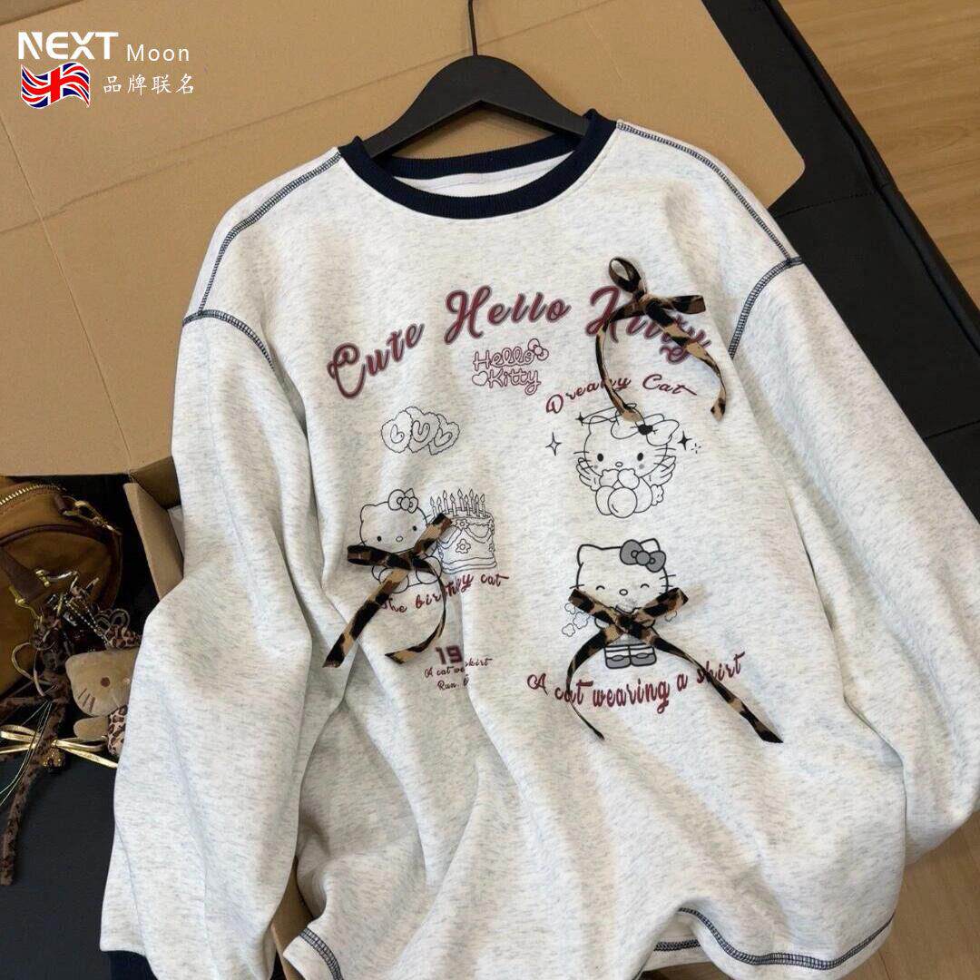 Next Moon英国联名韩系可爱凯蒂猫蝴蝶结拼色圆领长袖卫衣女秋潮