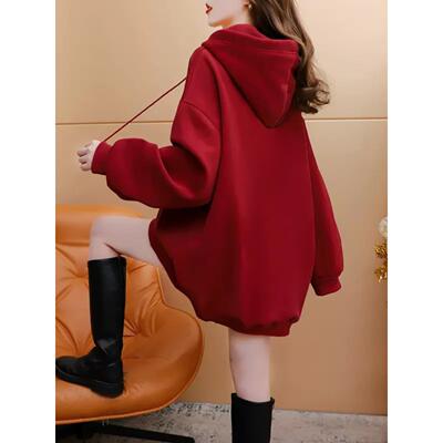 香港酒红色中长款连帽卫衣女2025年秋冬新款加绒加厚宽松大码外套