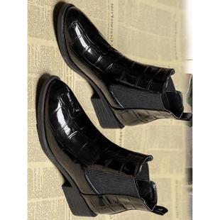 单靴漆皮切尔 黑色真皮潮流在凉爽 香港靴子女士春秋季 新英伦风格