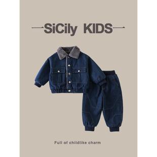 Kids 保暖外套裤 男宝加绒毛领牛仔套装 时尚 子两件套 秋冬款 SiCily