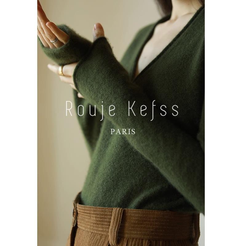 Rouje kefss法式羊绒针织打底衫女秋冬内搭高级感修身v领毛衣上衣