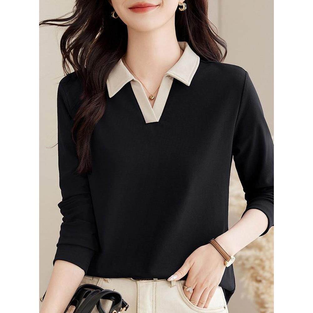 潮牌CVY翻领长袖t恤女2025春秋新款洋气外穿polo领正肩上衣打底衫