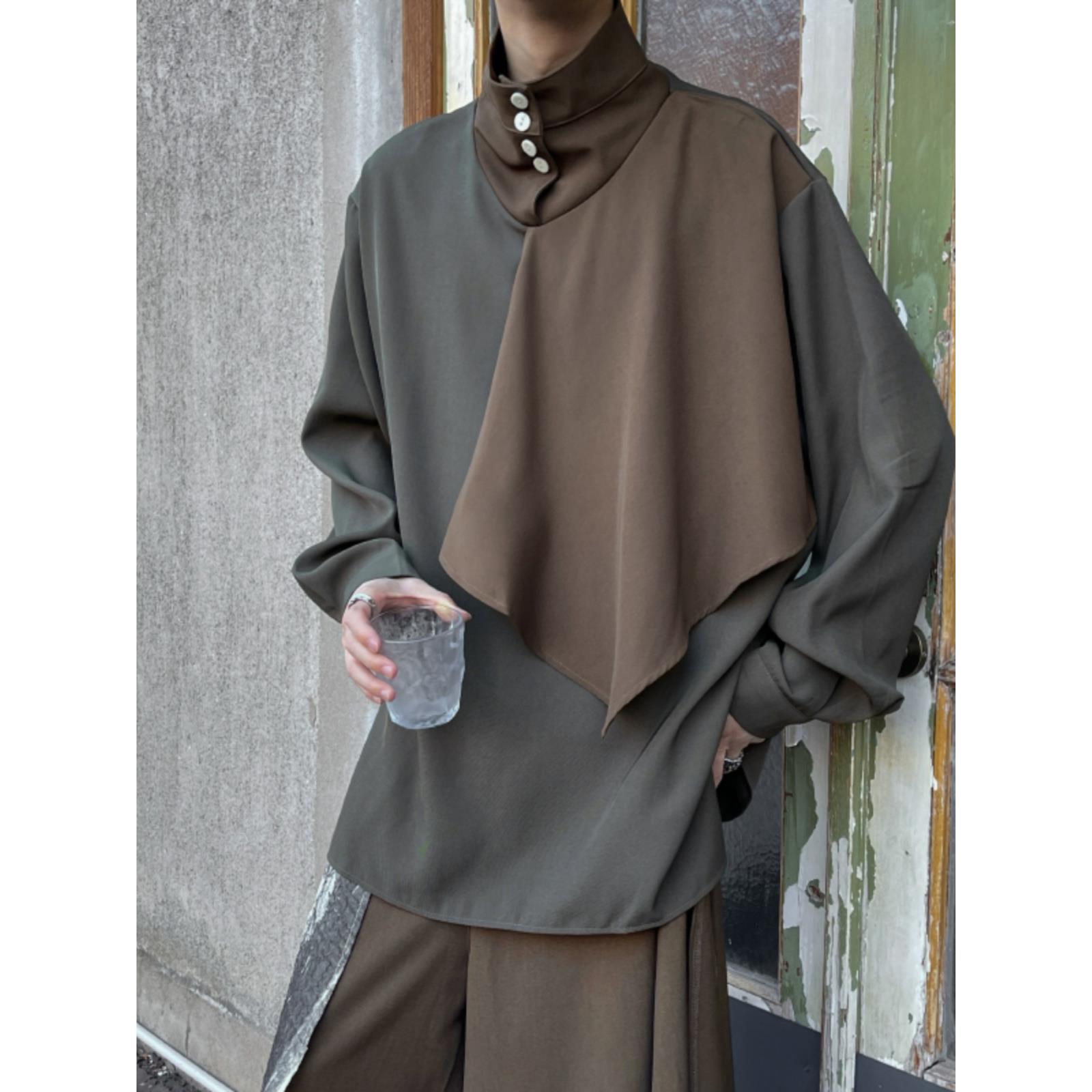 コーデュロイの潮牌设计感小众拼接立领衬衫男半高领日系暗黑衬衣