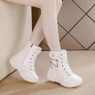 白色内增高真皮马丁靴子女2025新款春秋厚底棉鞋英伦风小个子短靴